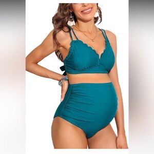 Charmo Scalloped Maternity Bikini Swimsuit High Waist Ruched Bathing Suit